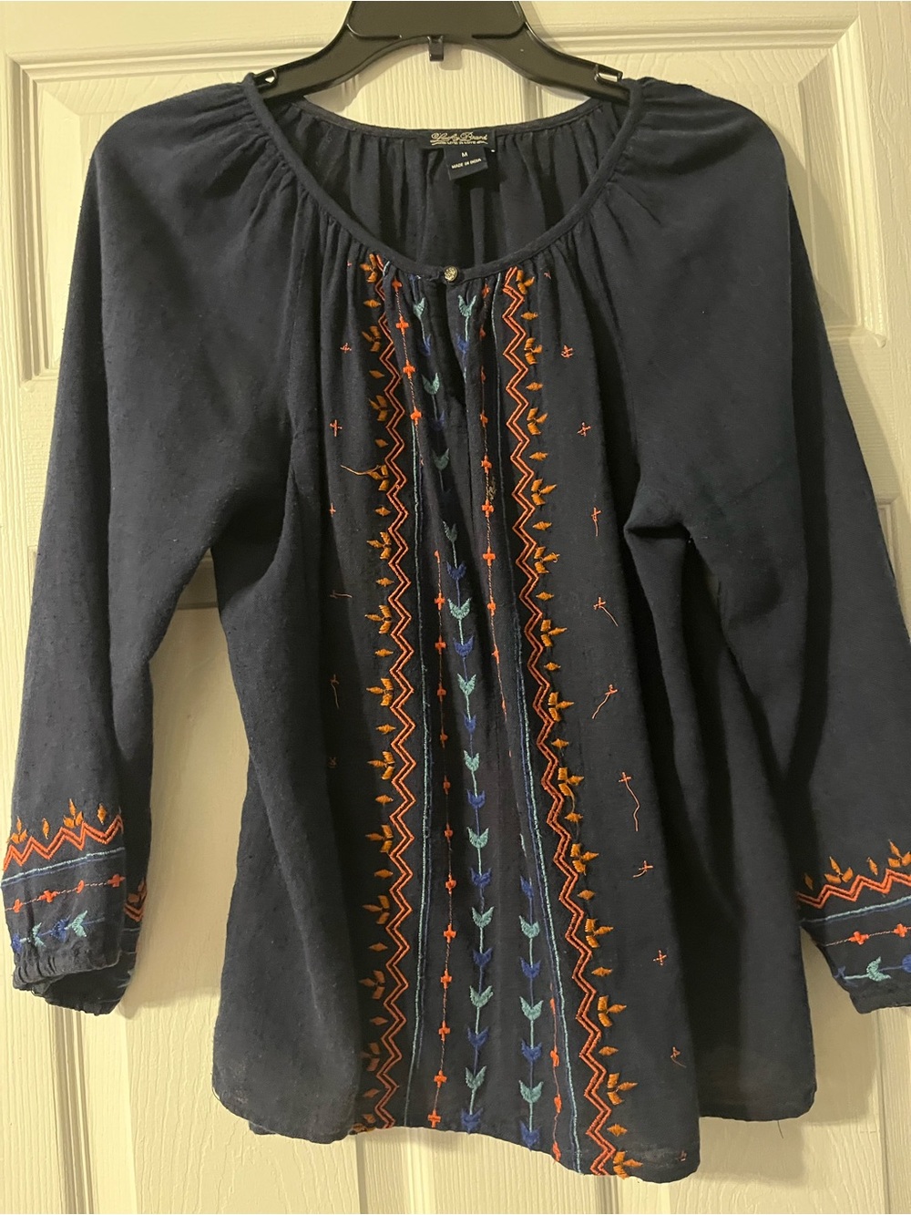 Boho Embroidered Navy Peasant Top - 3/4 Sleeve Lucky Brand